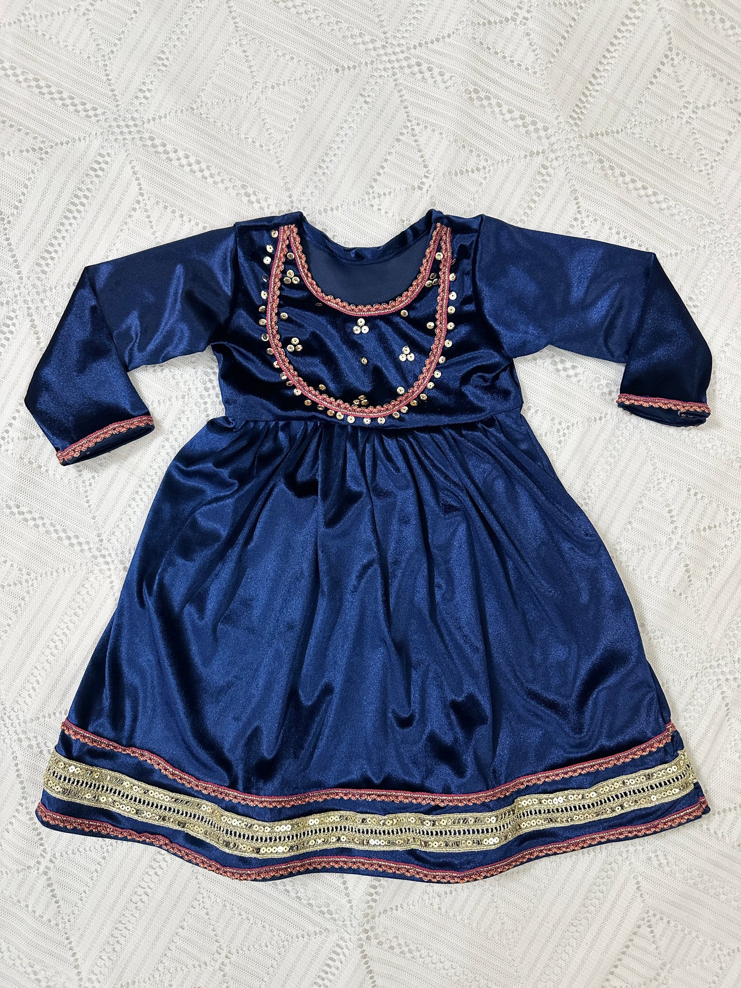 💙Blue Velvet Long Frock and Trouser with Pink Net Dupatta