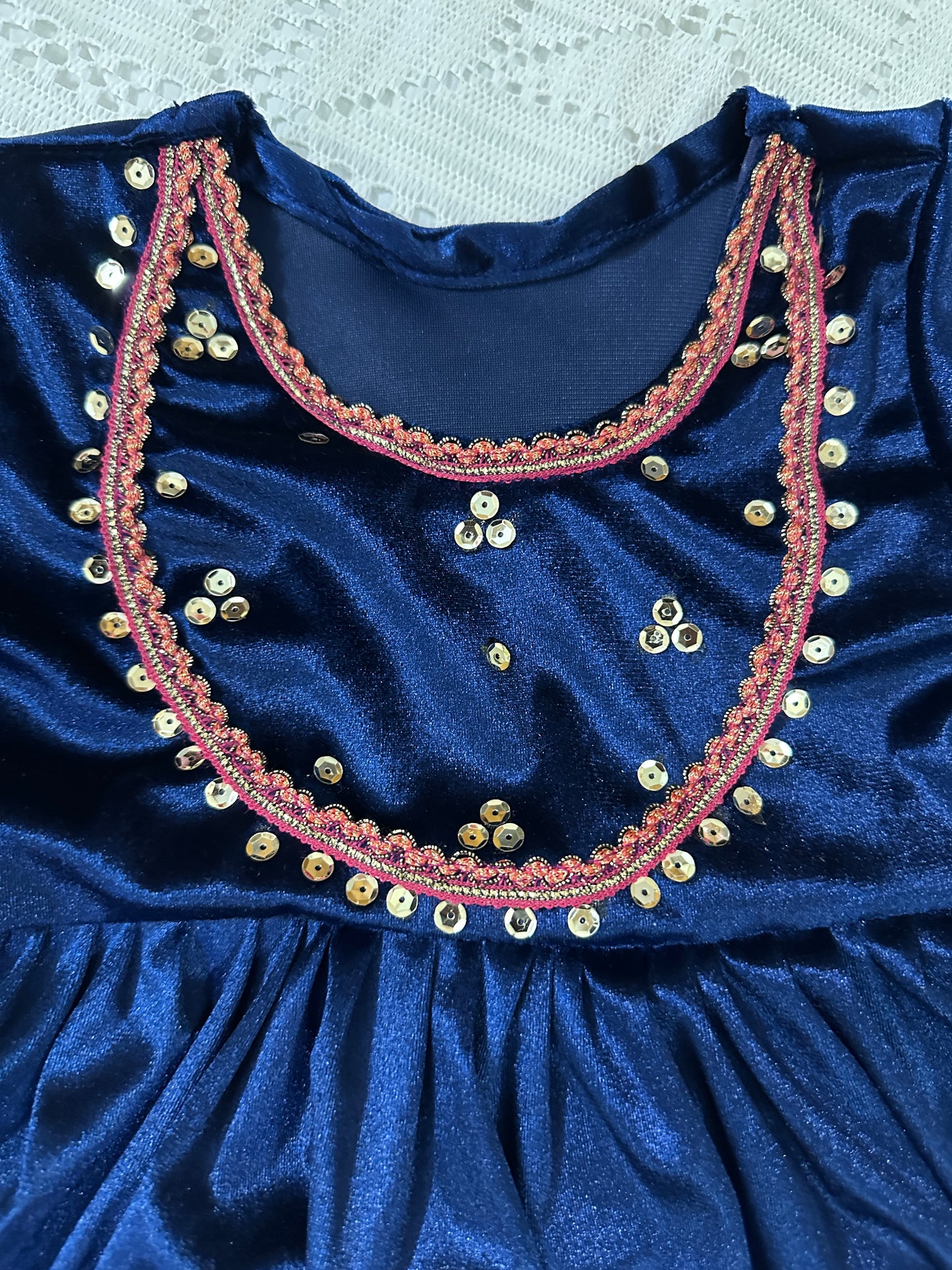 💙Blue Velvet Long Frock and Trouser with Pink Net Dupatta