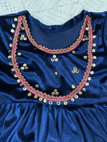 💙Blue Velvet Long Frock and Trouser with Pink Net Dupatta