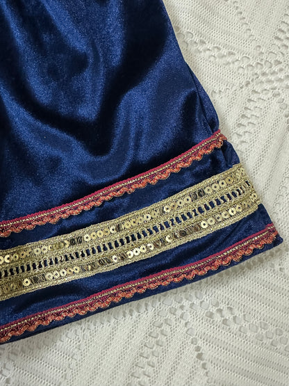 💙Blue Velvet Long Frock and Trouser with Pink Net Dupatta