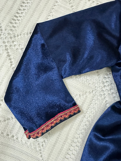 💙Blue Velvet Long Frock and Trouser with Pink Net Dupatta