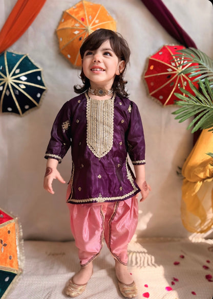 💜Purple Fancy Silk Shirt with Pink Tulip Shalwar and Net Dupatta