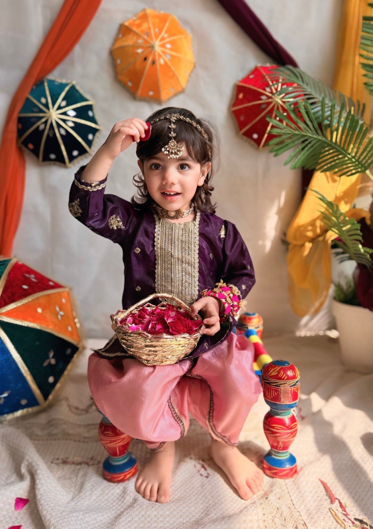 💜Purple Fancy Silk Shirt with Pink Tulip Shalwar and Net Dupatta