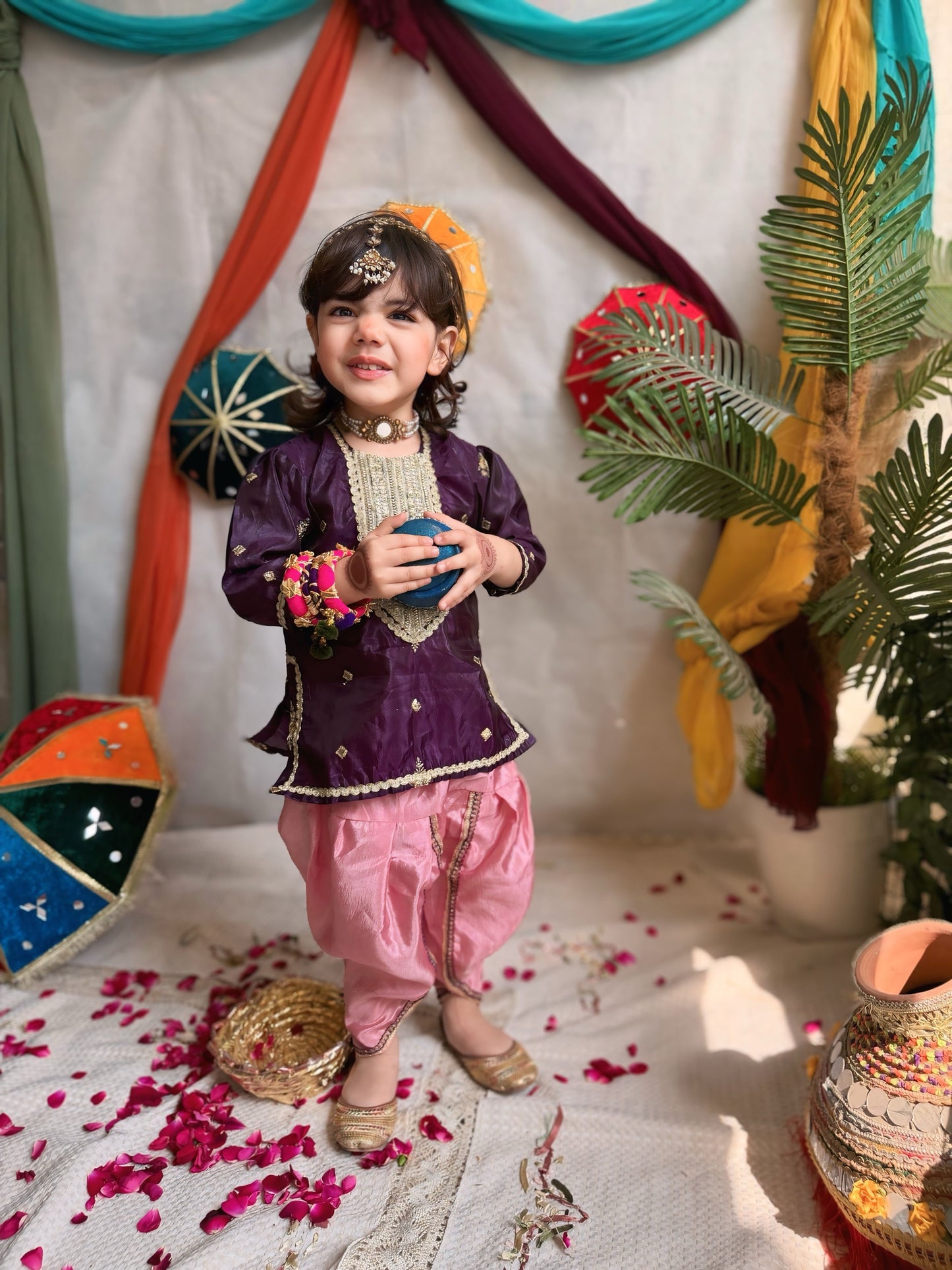 💜Purple Fancy Silk Shirt with Pink Tulip Shalwar and Net Dupatta