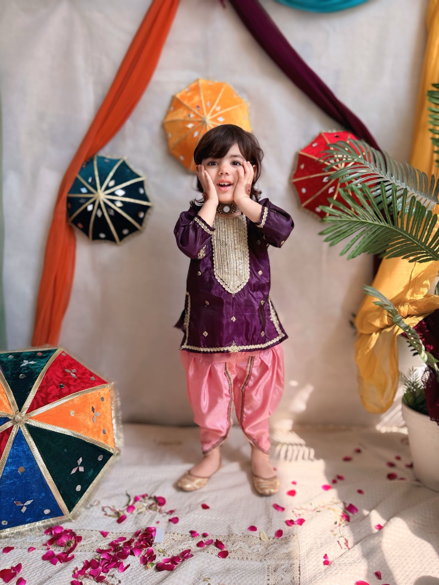 💜Purple Fancy Silk Shirt with Pink Tulip Shalwar and Net Dupatta