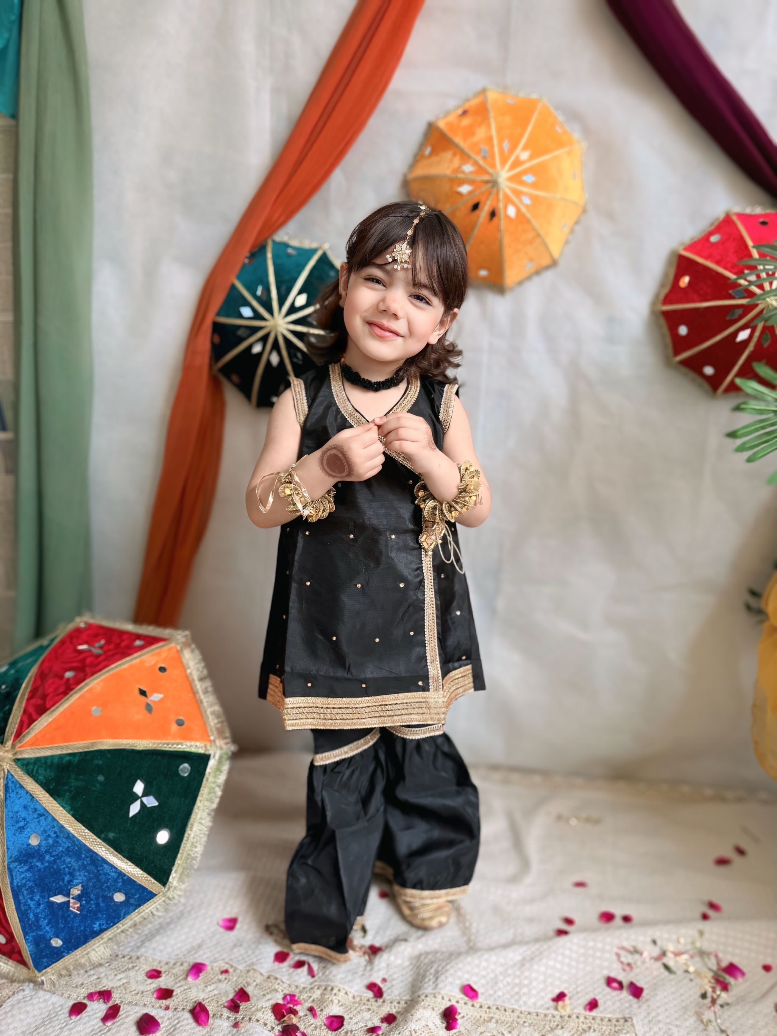 Black and Gold Silk Angrakha with Gharara and Shiffon Dupatta