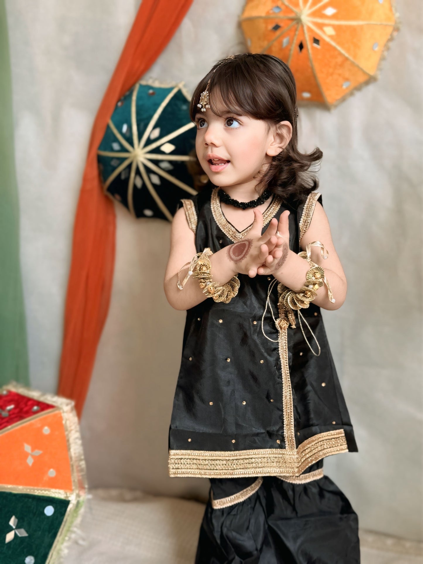 Black and Gold Silk Angrakha with Gharara and Shiffon Dupatta