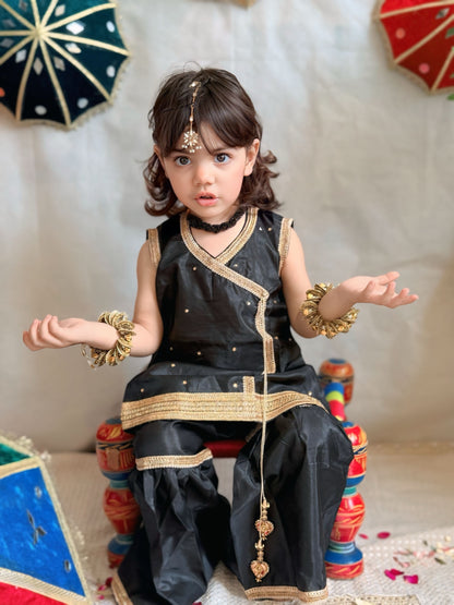 Black and Gold Silk Angrakha with Gharara and Shiffon Dupatta