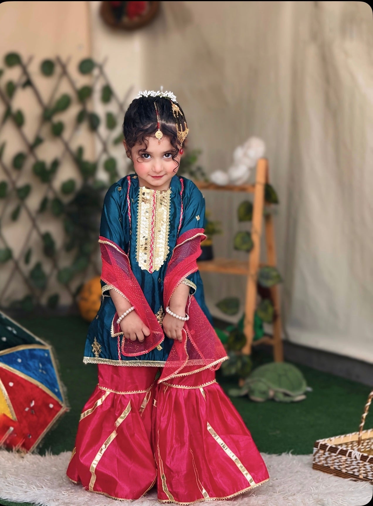 💚 Sea Green Fancy Silk Shirt with Pink Silk Gharara and Fancy Net Dupatta