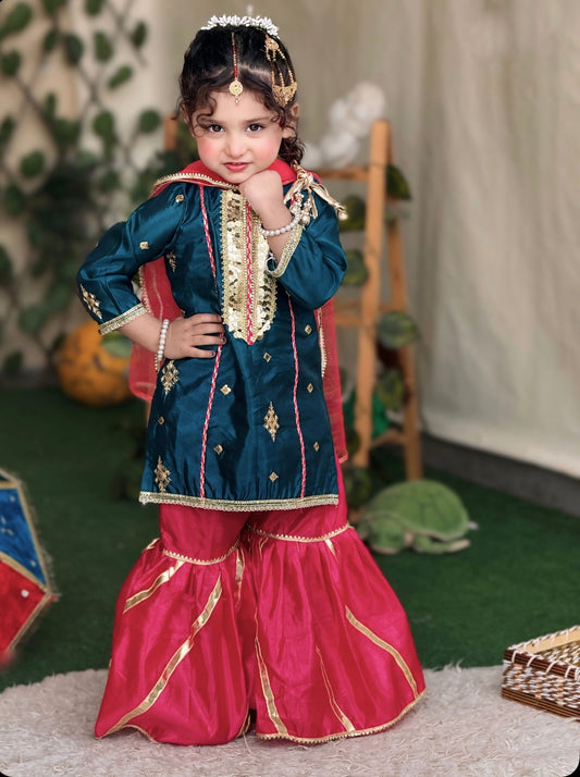 💚 Sea Green Fancy Silk Shirt with Pink Silk Gharara and Fancy Net Dupatta