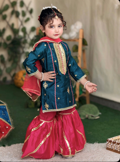 💚 Sea Green Fancy Silk Shirt with Pink Silk Gharara and Fancy Net Dupatta