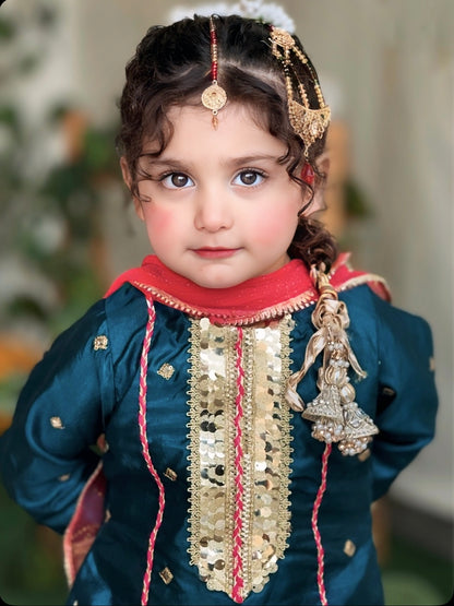 💚 Sea Green Fancy Silk Shirt with Pink Silk Gharara and Fancy Net Dupatta