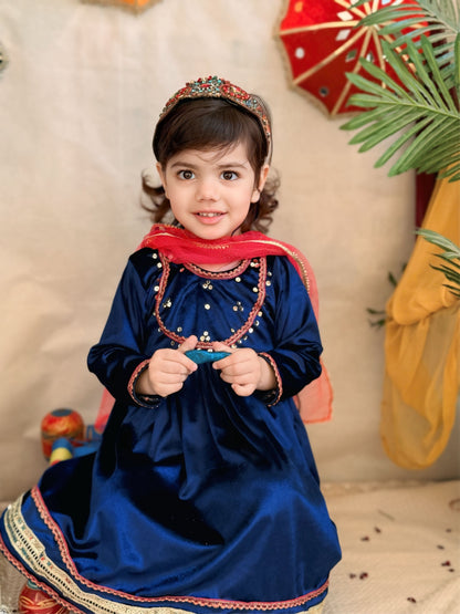 💙Blue Velvet Long Frock and Trouser with Pink Net Dupatta