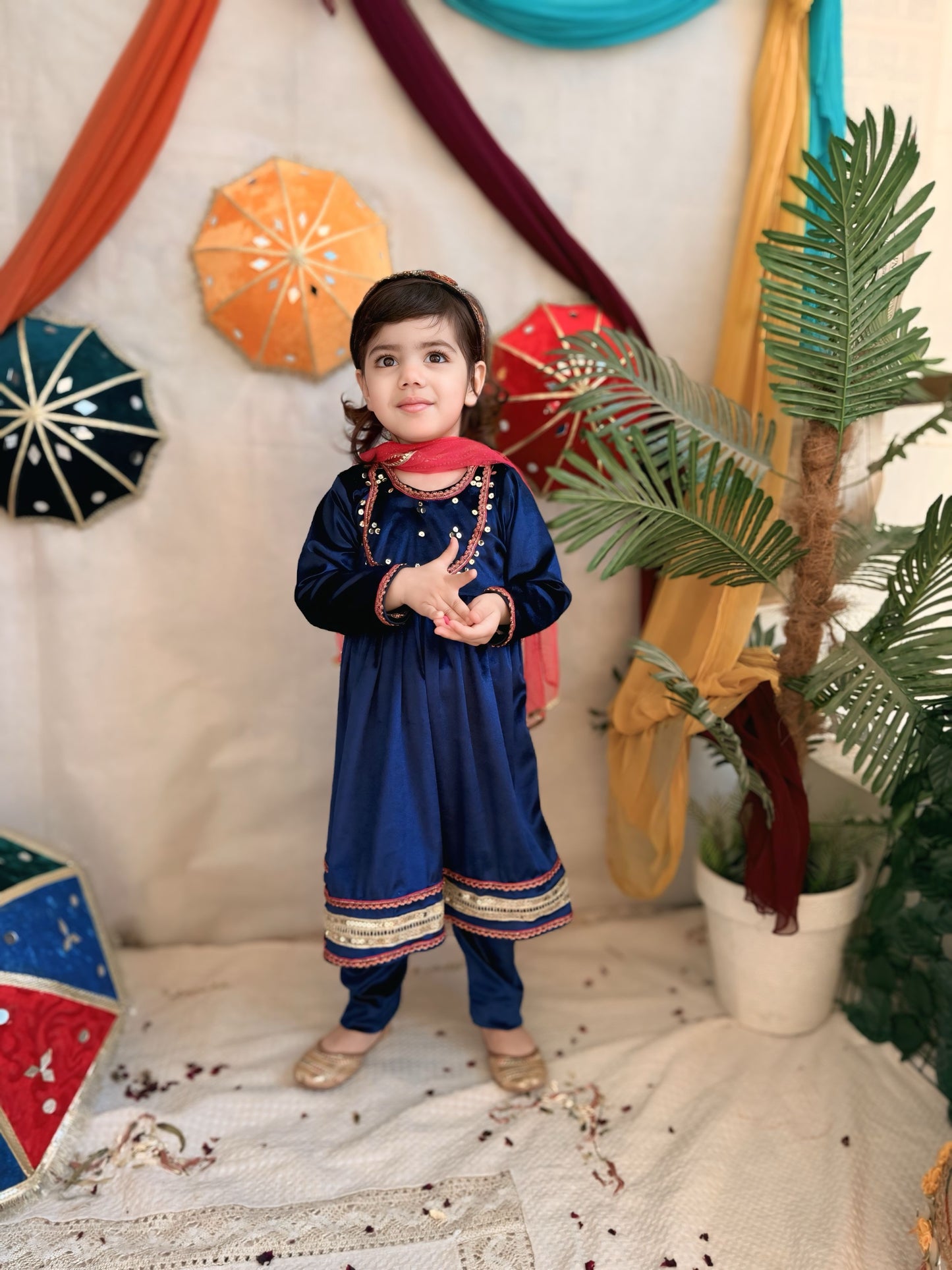 💙Blue Velvet Long Frock and Trouser with Pink Net Dupatta