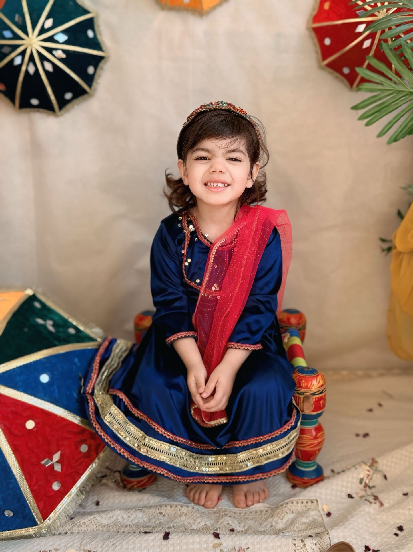 💙Blue Velvet Long Frock and Trouser with Pink Net Dupatta