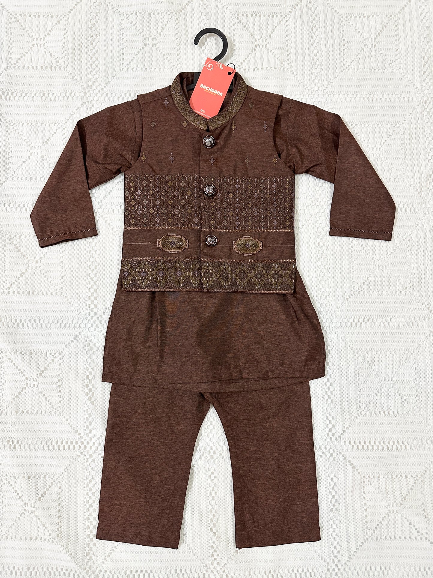 Brown Kurta Shalwar with Embroidered Waistcoat