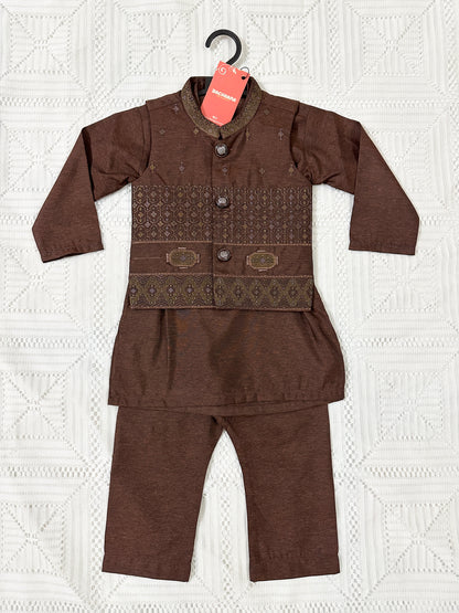 Brown Kurta Shalwar with Embroidered Waistcoat