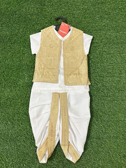 White Kurta Dhoti Shalwar with Golden Fancy Waistcoat