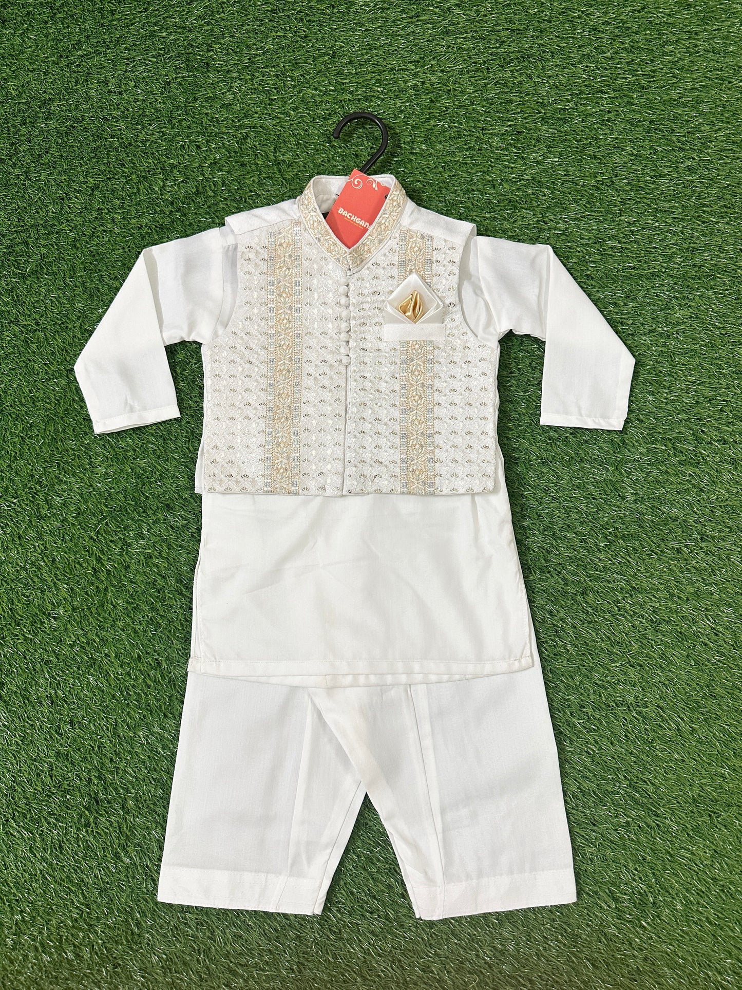 White Kurta Shalwar with Golden Fancy Waistcoat