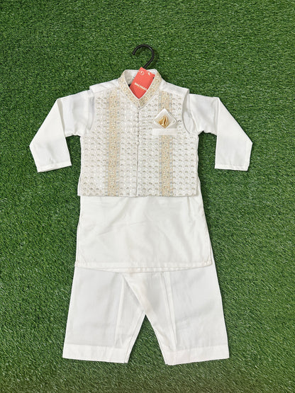 White Kurta Shalwar with Golden Fancy Waistcoat