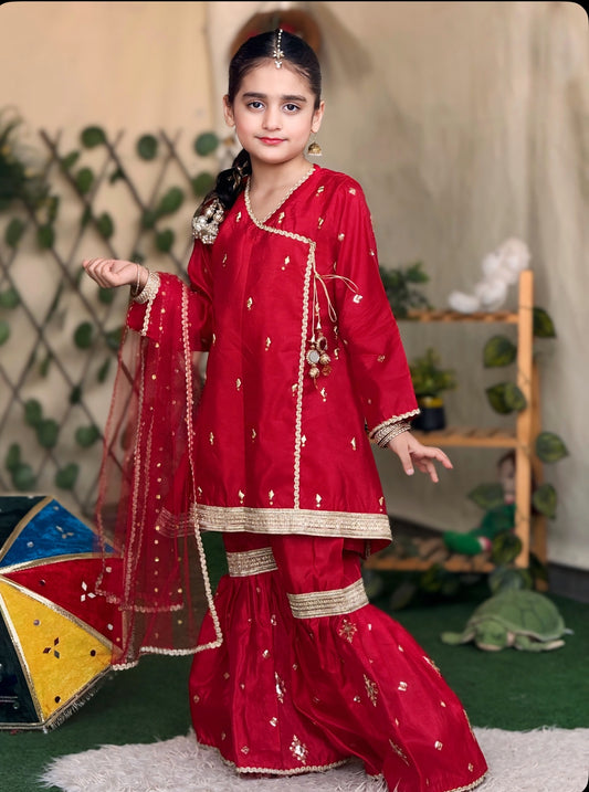 ❤️Red Silk Angrakha with Fancy Gharara and Net Dupatta