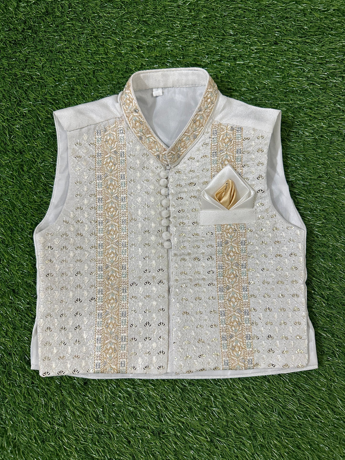 White Kurta Shalwar with Golden Fancy Waistcoat