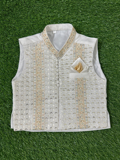 White Kurta Shalwar with Golden Fancy Waistcoat