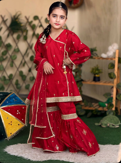 ❤️Red Silk Angrakha with Fancy Gharara and Net Dupatta