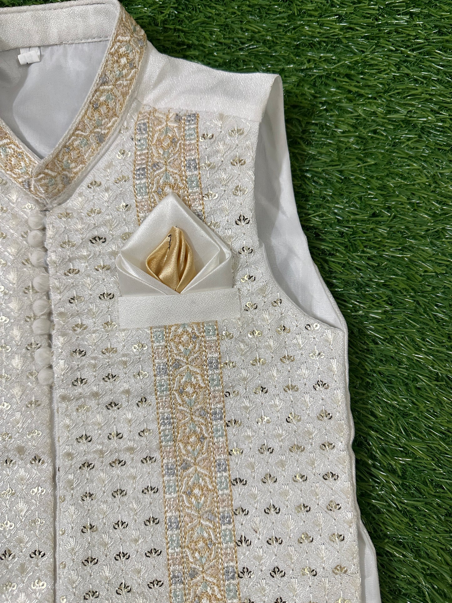 White Kurta Shalwar with Golden Fancy Waistcoat