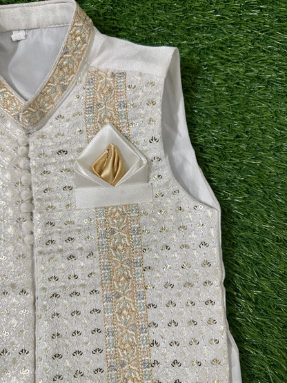 White Kurta Shalwar with Golden Fancy Waistcoat