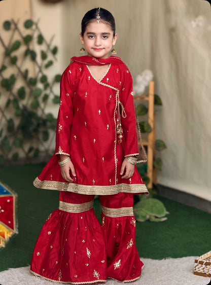 ❤️Red Silk Angrakha with Fancy Gharara and Net Dupatta