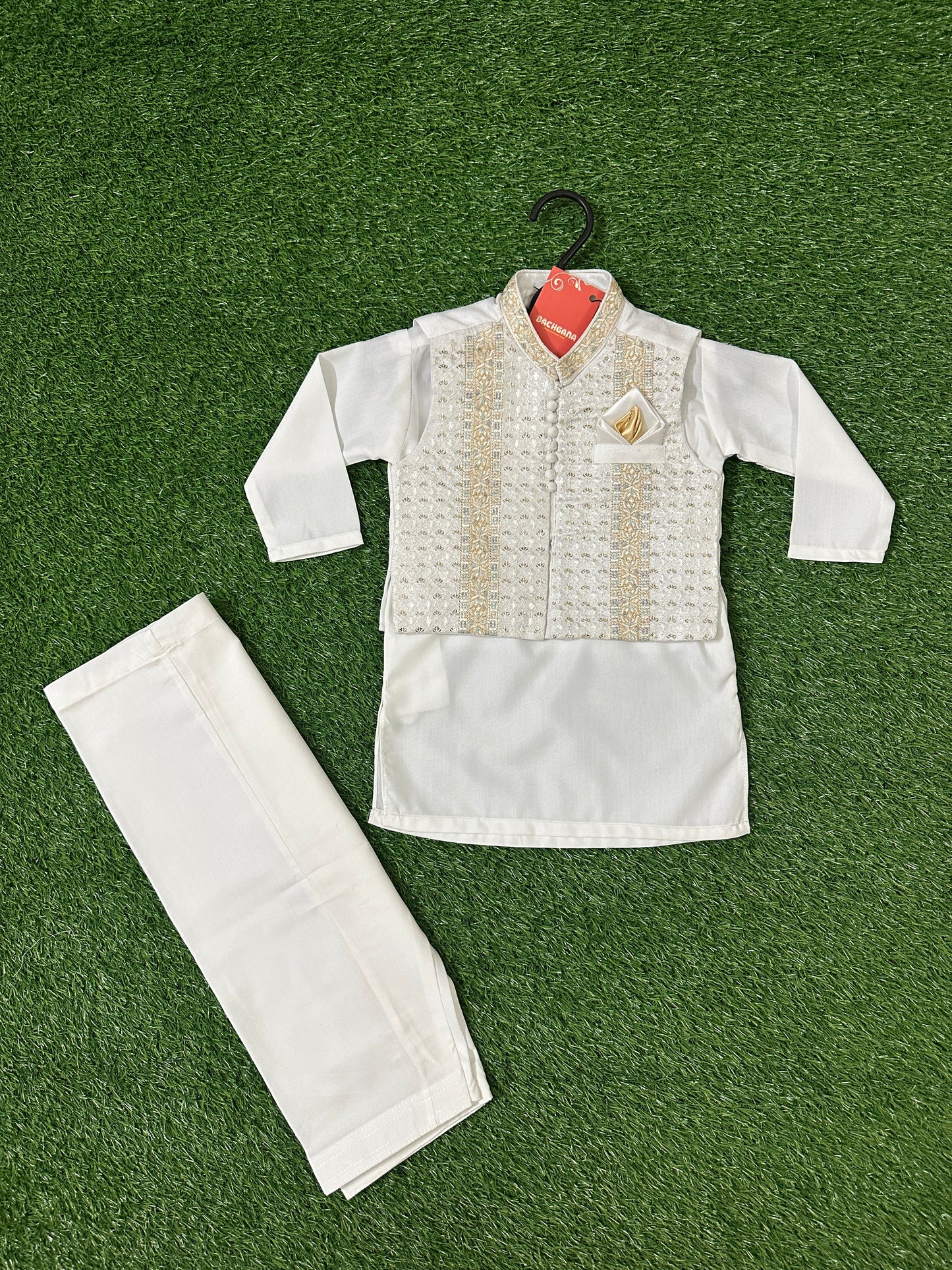 White Kurta Shalwar with Golden Fancy Waistcoat