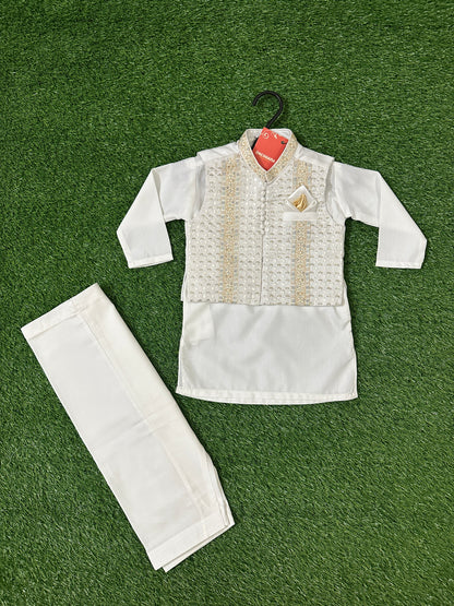 White Kurta Shalwar with Golden Fancy Waistcoat