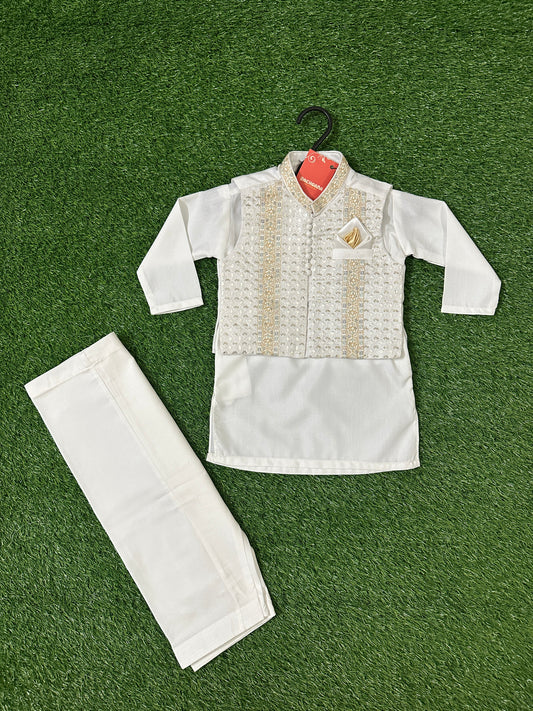 White Kurta Shalwar with Golden Fancy Waistcoat