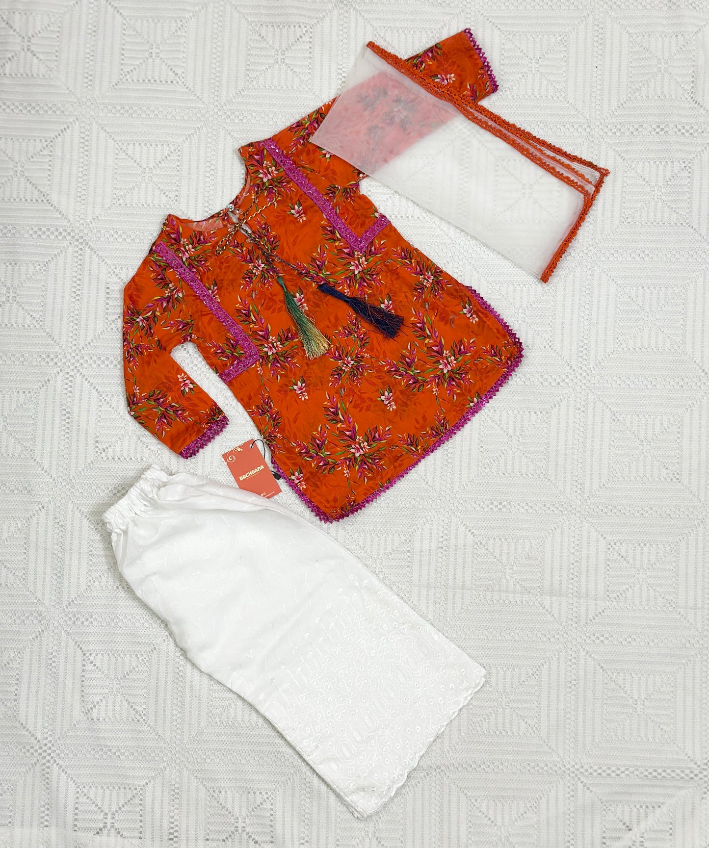 Orange Printed Shirt with ChickenKari Trouser and Dupatta