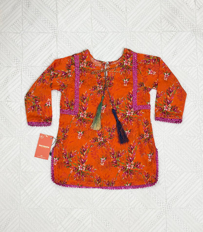 Orange Printed Shirt with ChickenKari Trouser and Dupatta