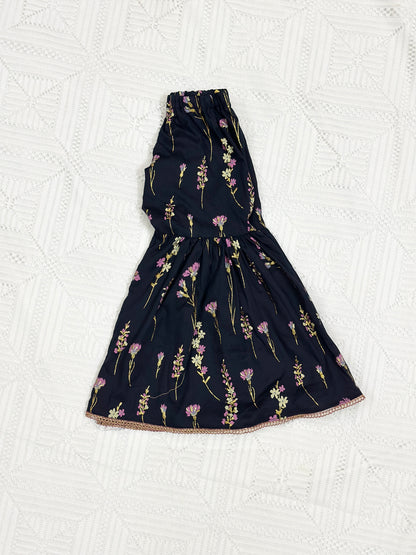Navy Blue Glittered Floral Gharara Set with Dupatta