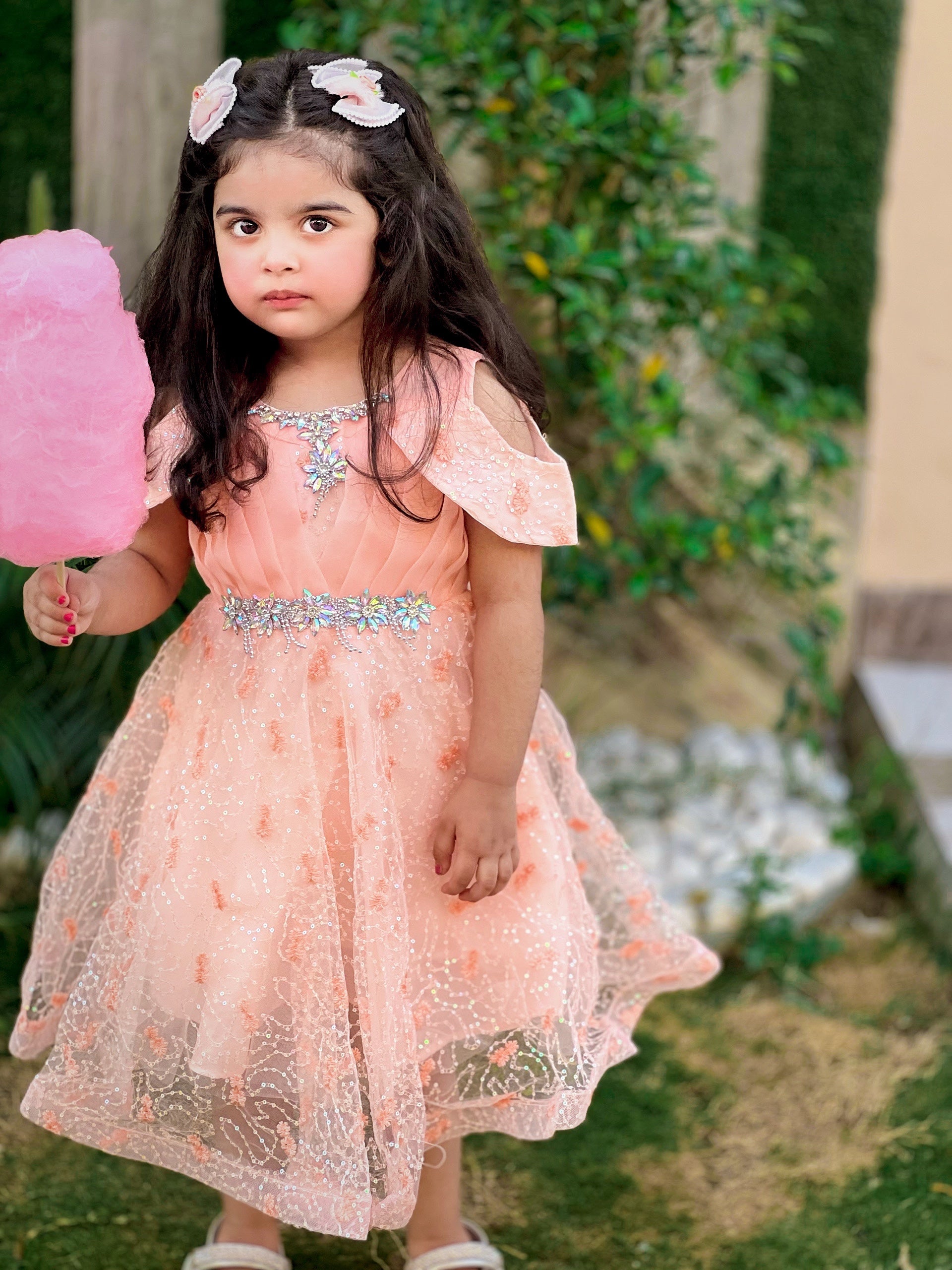 Sequin and Flowers with Beads Peach Fancy Frock
