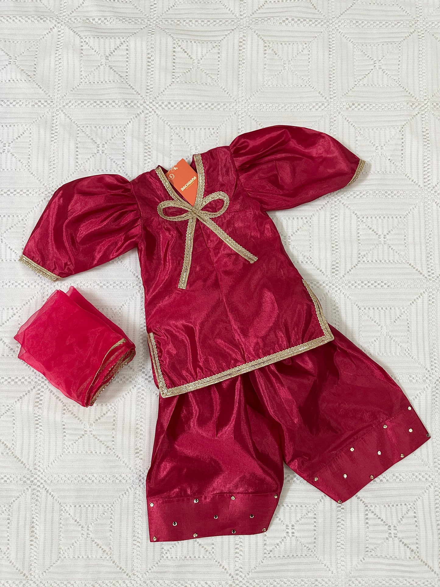 💖Bow Design Pink Silk Shirt with Farshi Shalwar and Organza Dupatta