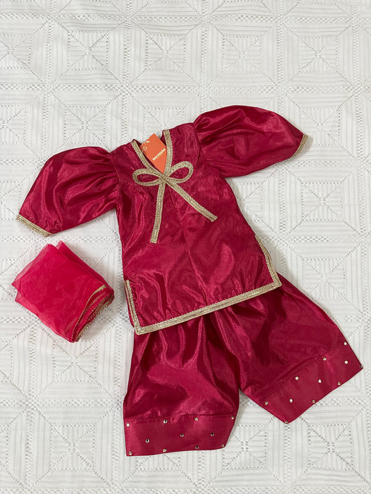 💖Bow Design Pink Silk Shirt with Farshi Shalwar and Organza Dupatta