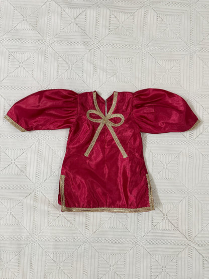 💖Bow Design Pink Silk Shirt with Farshi Shalwar and Organza Dupatta