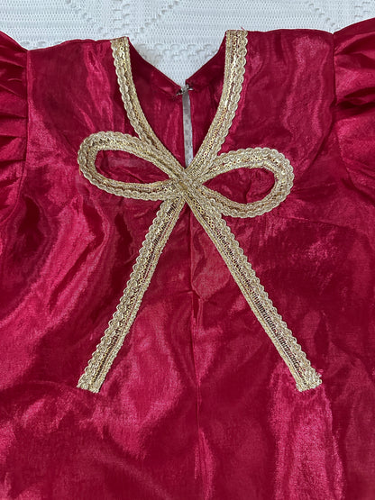 💖Bow Design Pink Silk Shirt with Farshi Shalwar and Organza Dupatta