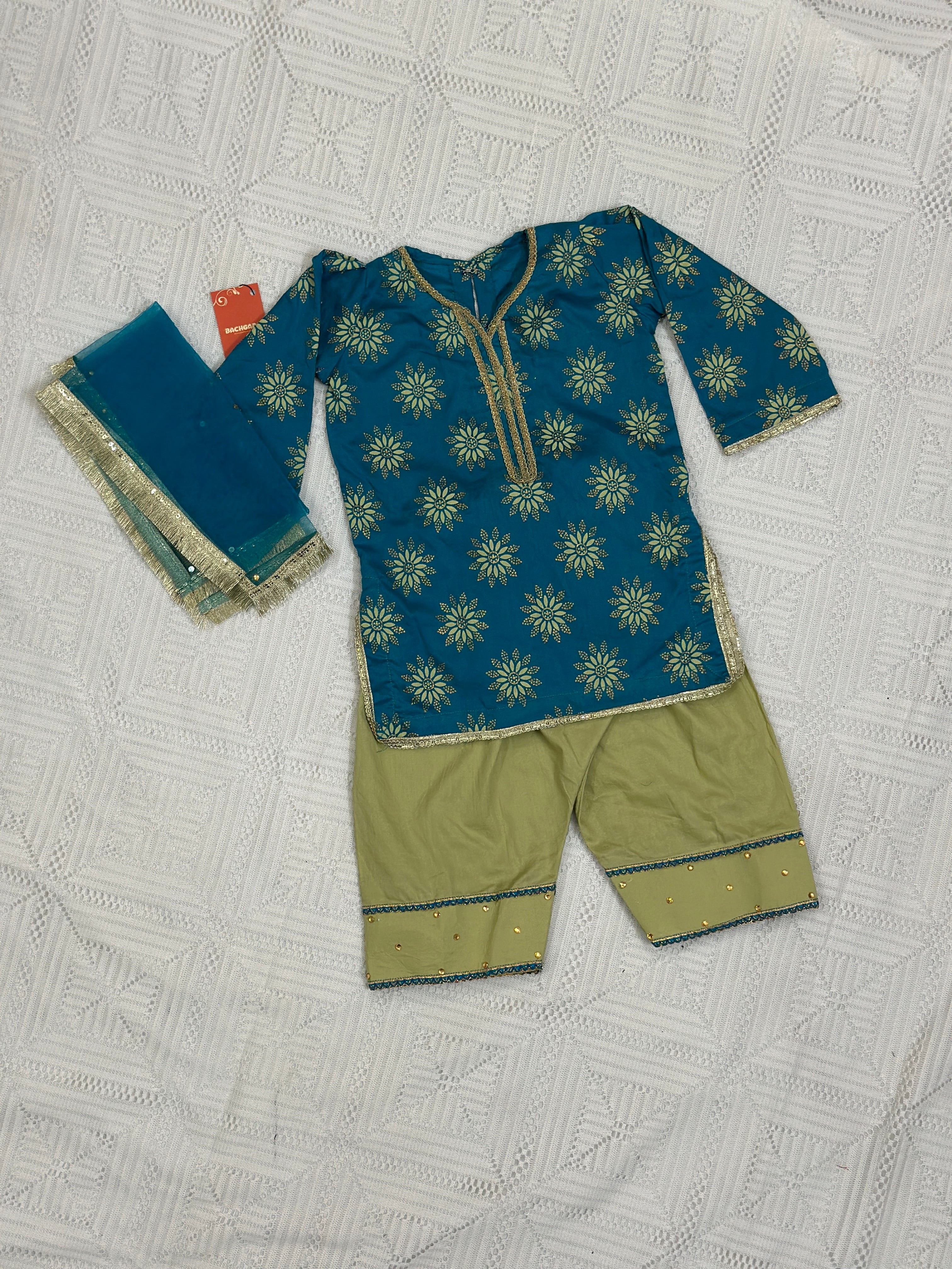 Blue Glittered Kurti with Farshi Shalwar and Dupatta - D2