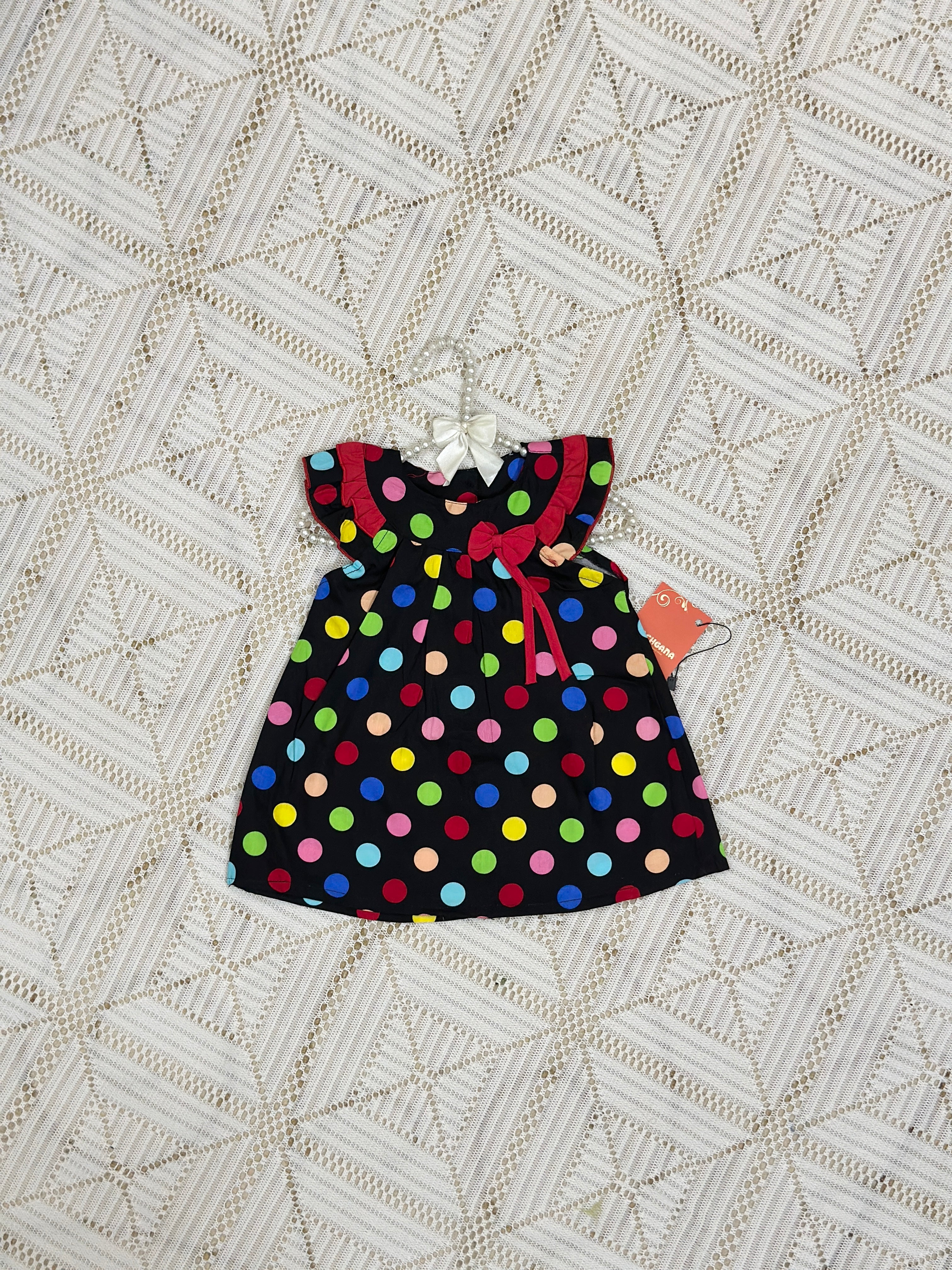 Black Multicolor Dots Design Cotton Frock