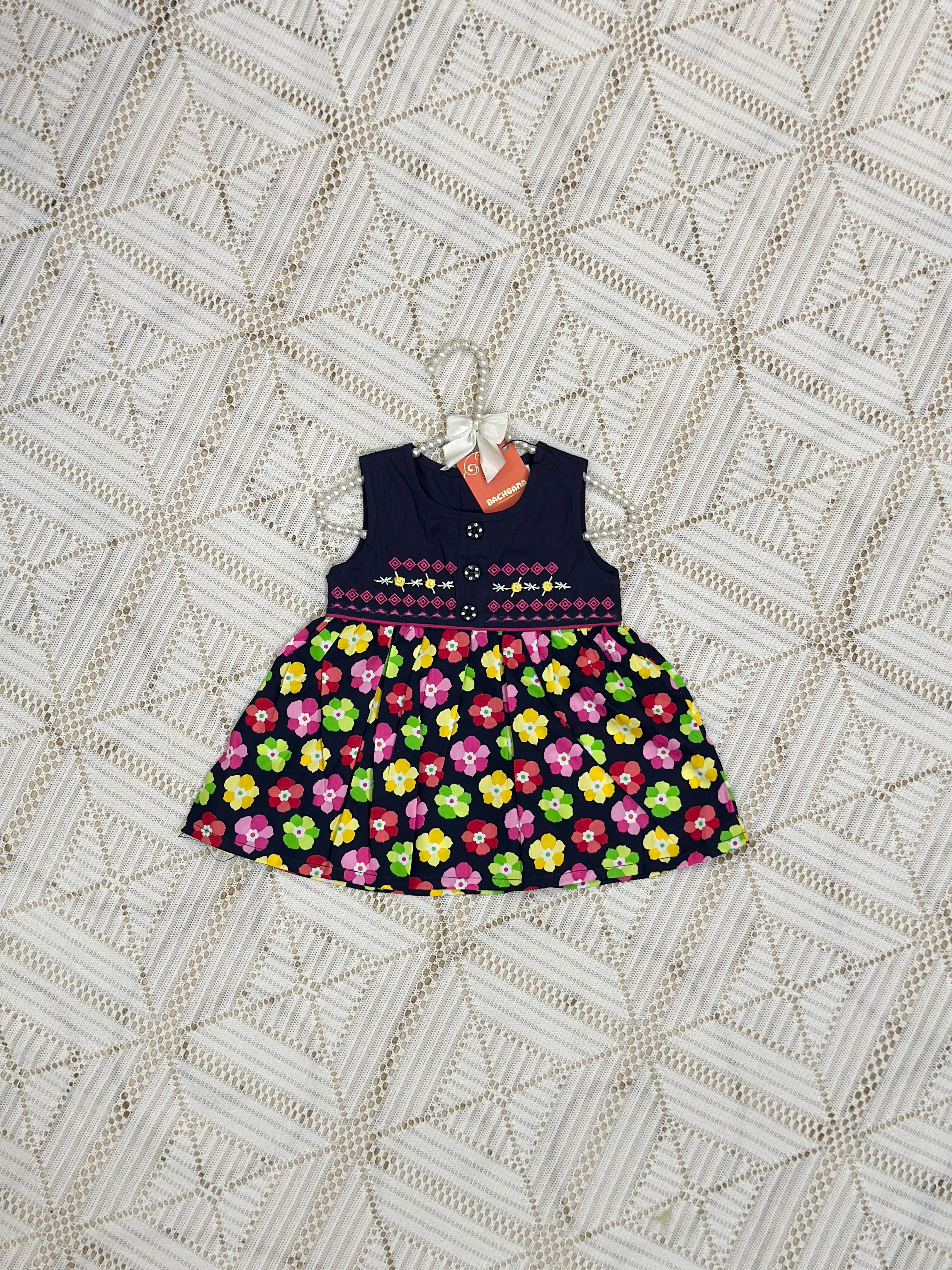 Navy Blue Flowers Design Cotton Frock