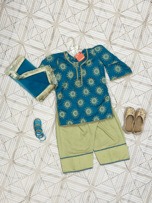 Blue Glittered Kurti with Farshi Shalwar and Dupatta - D1