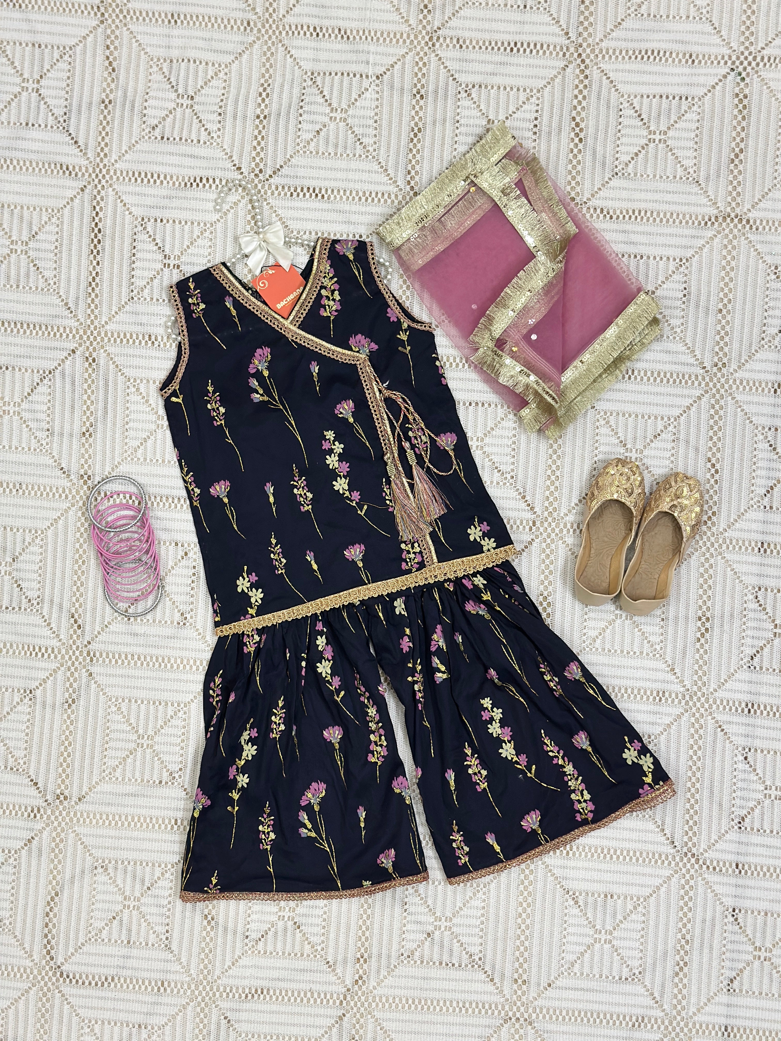 Navy Blue Glittered Floral Gharara Set with Dupatta
