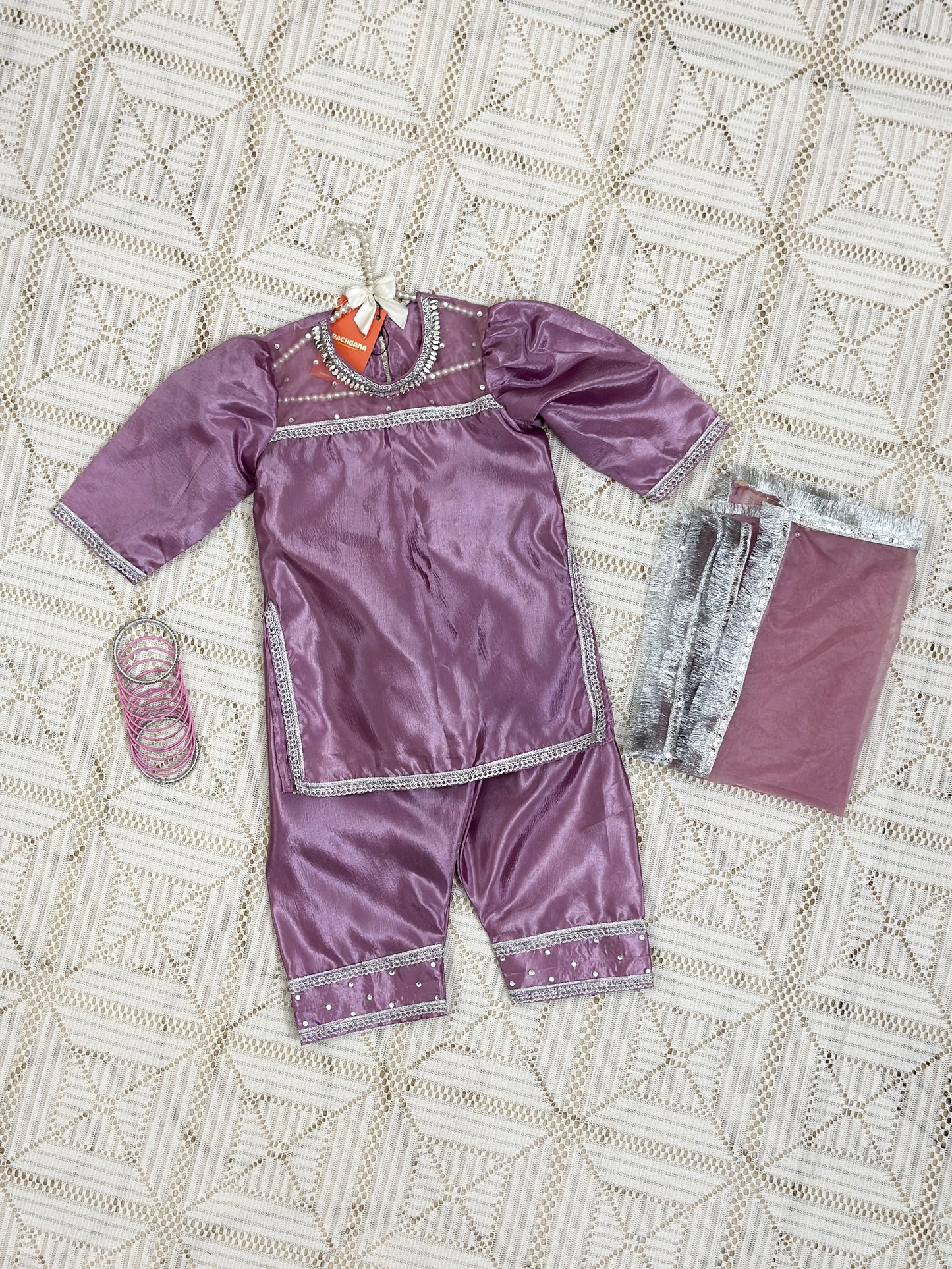Lilac Silk Shirt with Farshi Shalwar and Dupatta