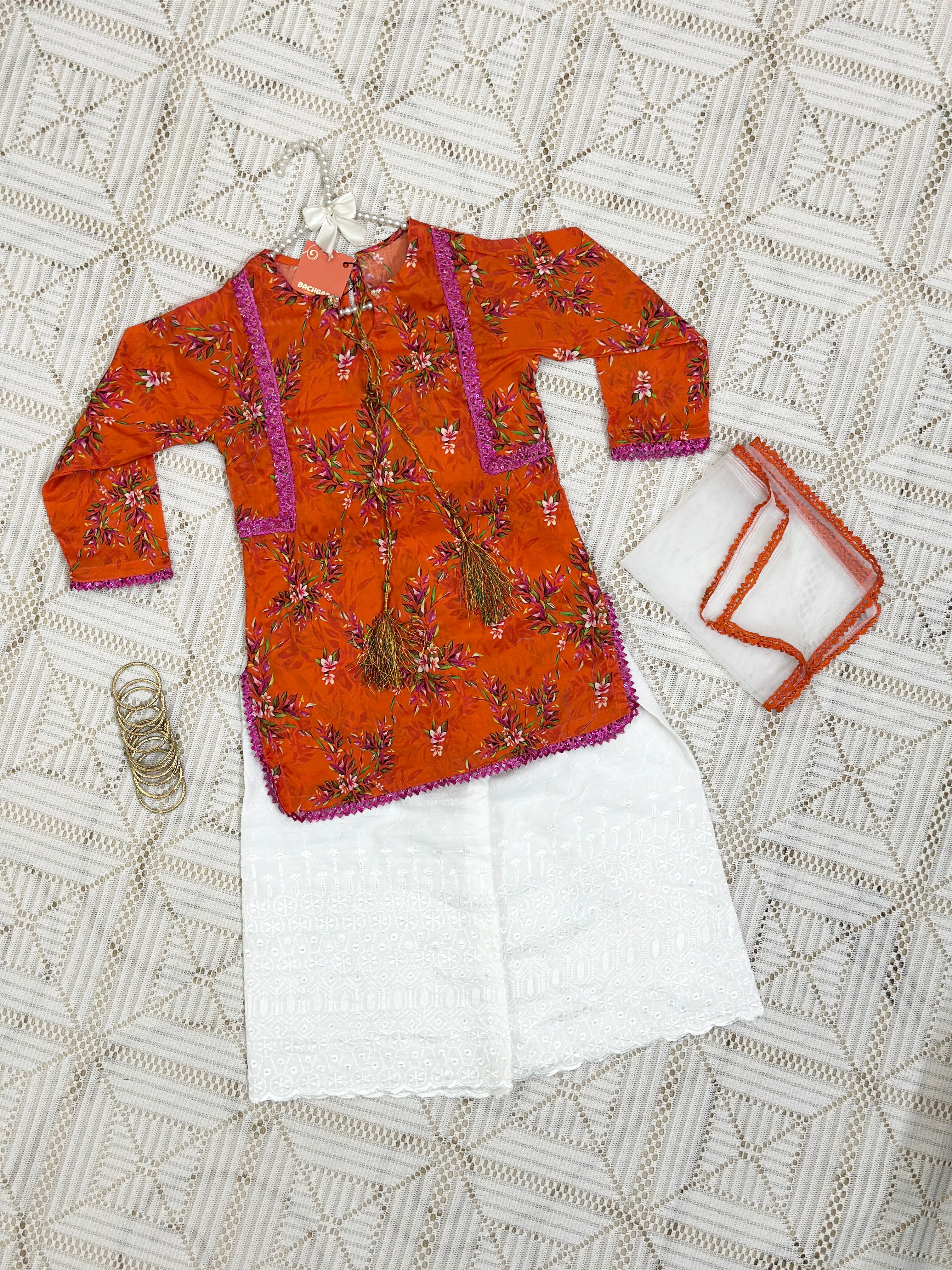 Orange Printed Shirt with ChickenKari Trouser and Dupatta