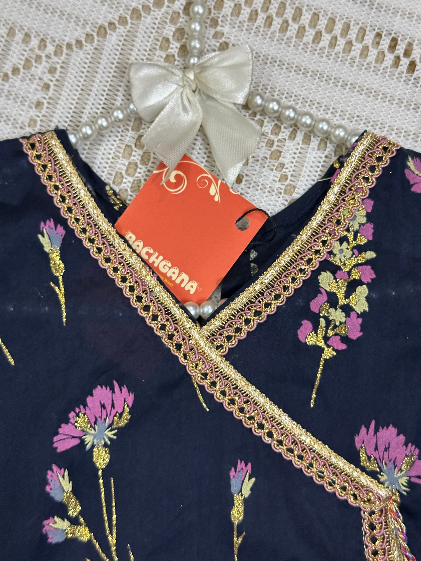 Navy Blue Glittered Floral Gharara Set with Dupatta